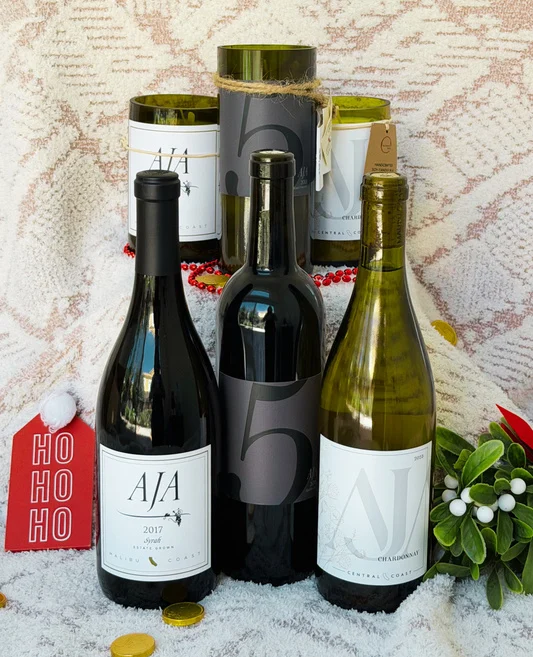 AJA Syrah, Chardonnay, and FIVE red blend with three matching upcycled candles