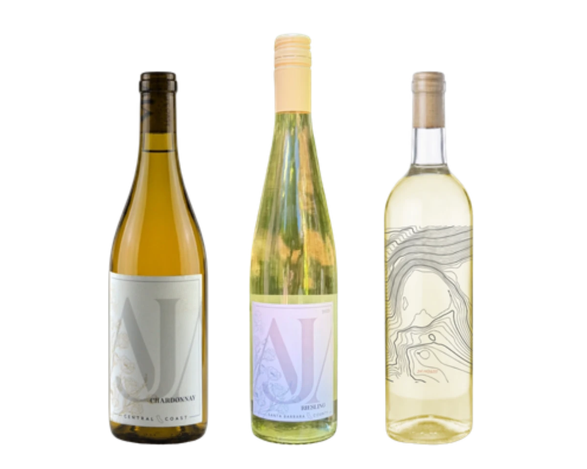 Three AJA white wines: Chardonnay, Riesling, and Eds’ Sauvignon Blanc