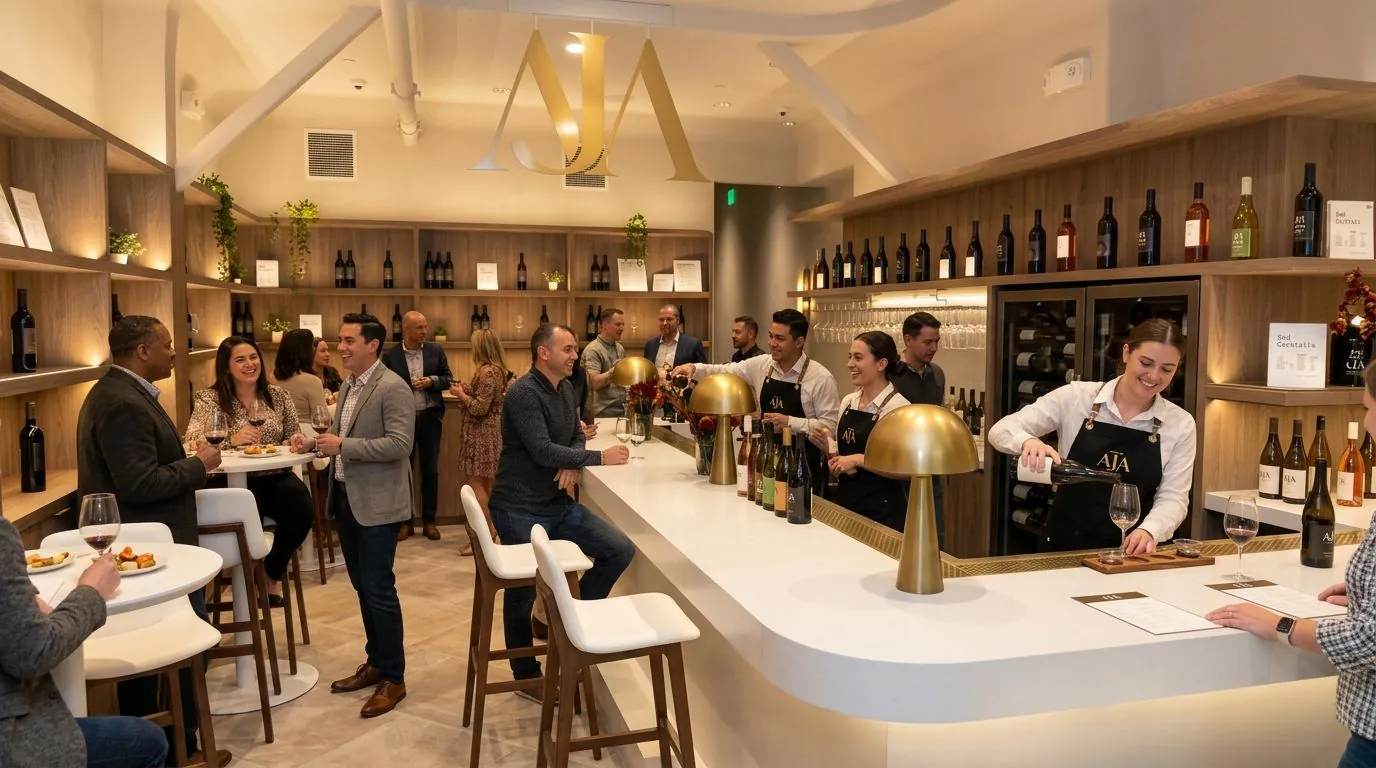 Guests and staff during a tasting in the AJA Santa Monica room
