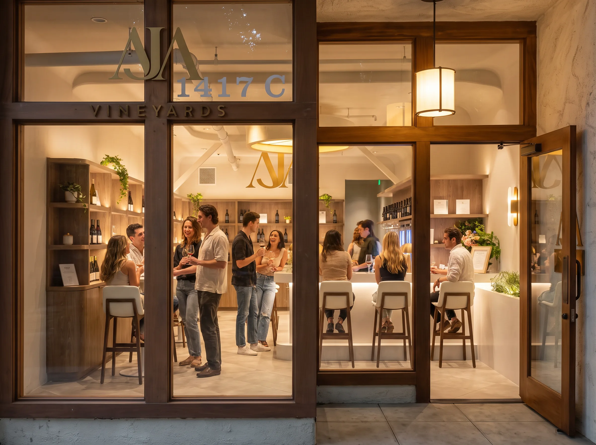 The AJA Vineyards Santa Monica tasting room at night, guests gathered inside the lit storefront